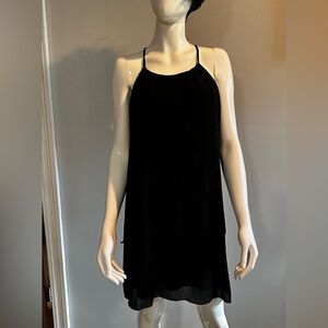 Black halter top mini dress.